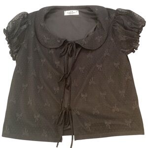 Rebellious Dreamer Black Crop Tie Babydoll Semi-Sheer Blouse, Small Bow‎ Print